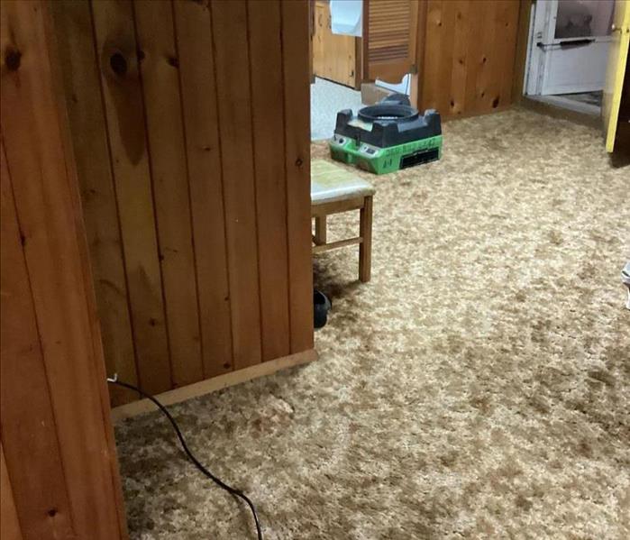Stained basement carpeting with a HEPA-filter air scrubber sitting atop it and an open screen door nearby