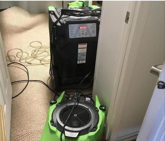 Dehumidifiers and air mover drying carpet